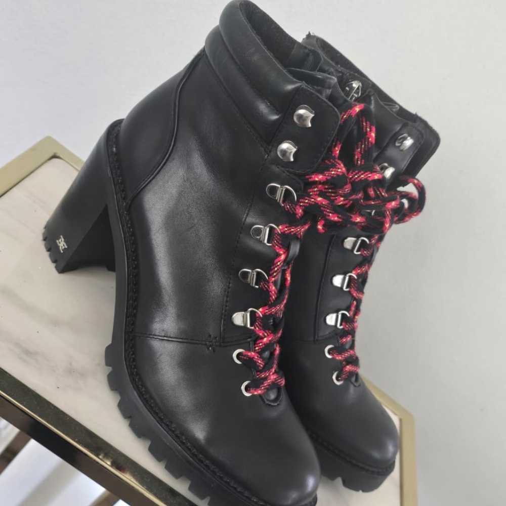 Sam Elderman Black Leather Ankle Boots with Red Laces/Silver Accents Sz 9.5 - Picture 5 of 10